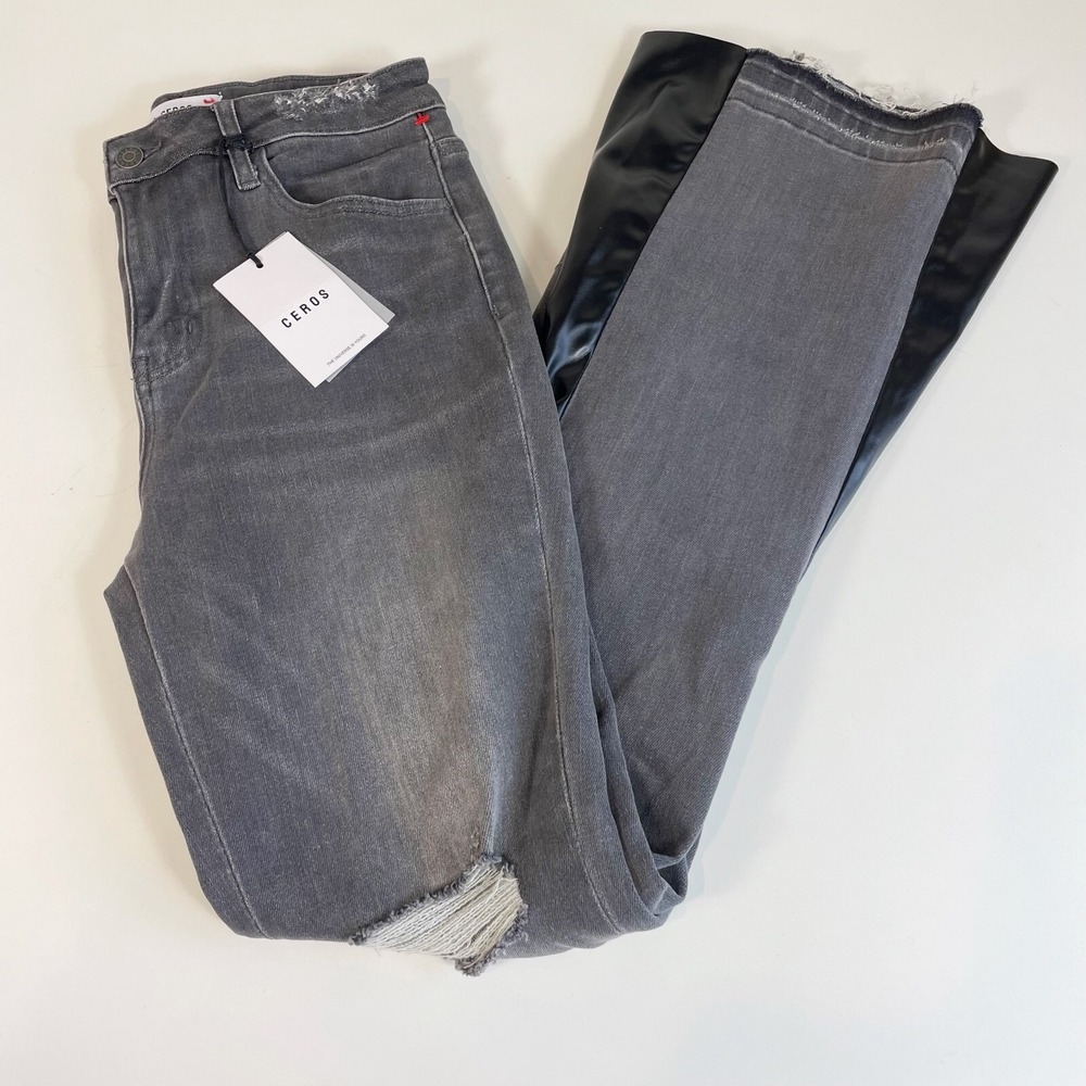 CEROS Womens Super High Rise Flare Jeans Distressed Gray 27 Leather Trim NEW